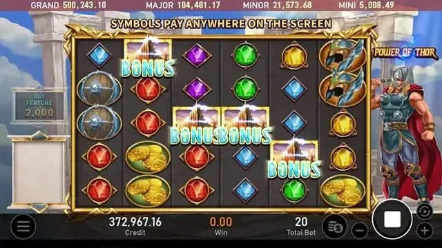 雷神之錘盤面出現多個 BONUS 符號，上方標示符號可在畫面任意位置得獎