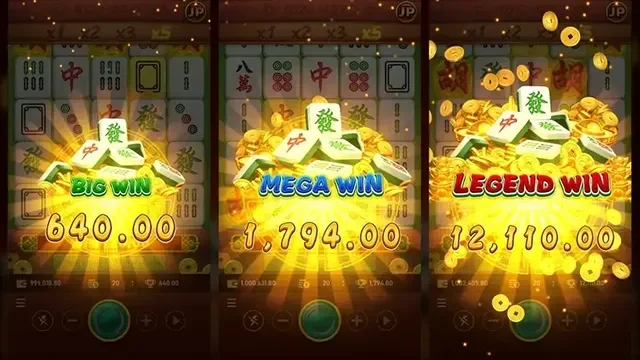麻將發了三段贏分演出:BIG WIN、MEGA WIN 與 LEGEND WIN
